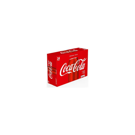 Coca-Cola Classic Soda, 12 fl oz Cans, 24 Pack — A red printed cardboard case of Coca-Cola Classic 12 fl oz cans, front of the case facing camera on white