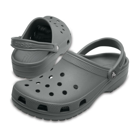 Crocs Classic Clog, Unisex — A pair of Crocs Classic Clogs, side view showing the ventilation holes, pivoting heel strap and moulded foam sole