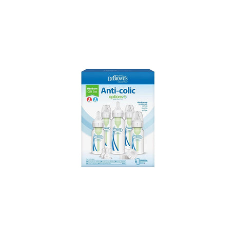 Dr. Brown's Natural Flow Anti-Colic Options+ Narrow Baby Bottle Newborn Gift Set, 0m+ — Dr. Brown's Options+ narrow baby bottle gift set laid out, showing 4 oz and 8 oz bottles with blue vent inserts, nipples and a cleaning brush