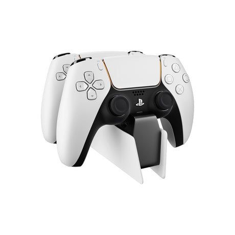 Sony DualSense Charging Station for PS5, Charges Two Controllers — White Sony DualSense Charging Station with two DualSense controllers docked in its cradles, three-quarter view on a plain background