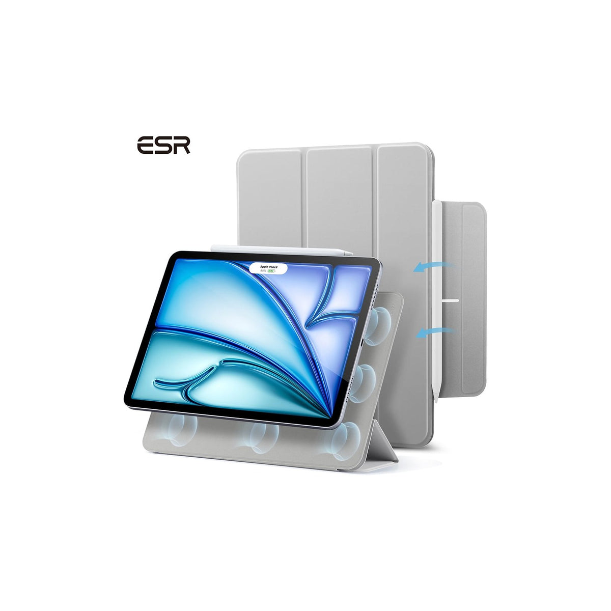 ESR Rebound Magnetic Folio Case for iPad Air 11-inch (M2 / M3) — ESR Rebound trifold folio case on an 11-inch iPad Air, shown folded into its typing stand angle with an Apple Pencil in the side groove, three-quarter view