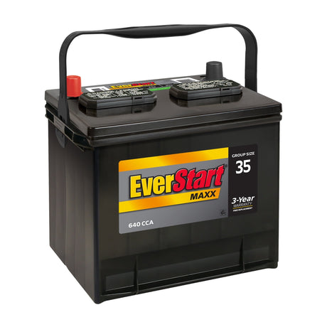 EverStart Maxx Lead Acid Automotive Battery, Group Size 35, 640 CCA — EverStart Maxx Group 35 car battery, front three-quarter view showing the top posts, carry handle, and the label