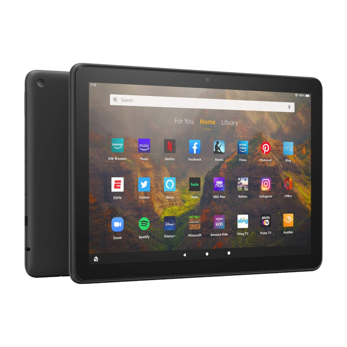 Amazon Fire HD 10 Tablet, 10.1" Full HD, Octa-Core, 3GB RAM, 32GB, Black — Amazon Fire HD 10 tablet in black, front view held at a slight angle with the home screen on, plain background