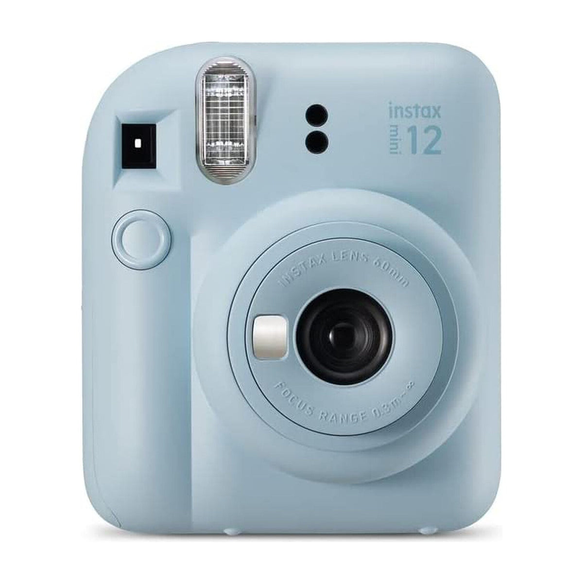 Fujifilm Instax Mini 12 Instant Film Camera — Fujifilm Instax Mini 12 instant camera, front three-quarter view showing the round lens barrel and selfie mirror