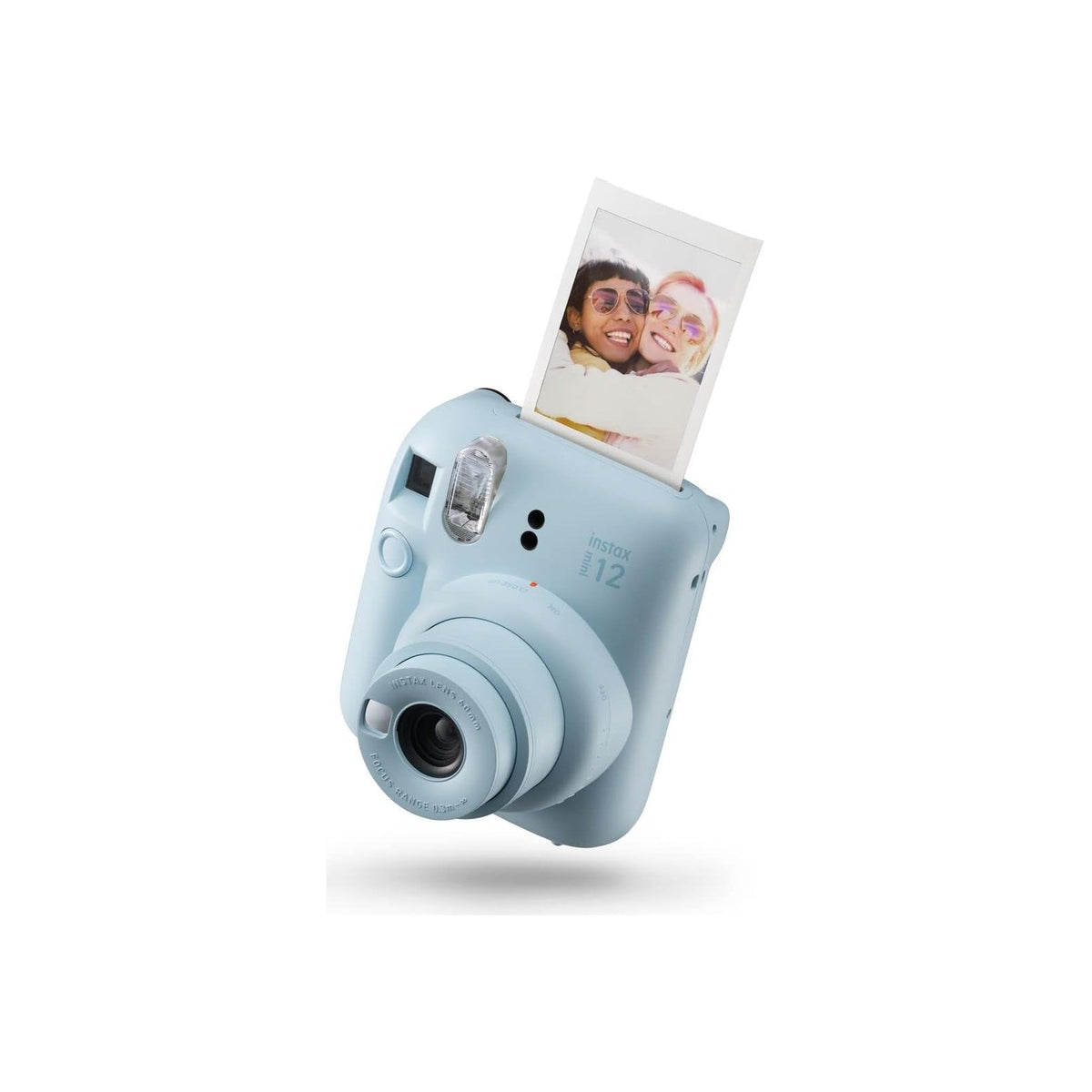 Fujifilm Instax Mini 12 Instant Film Camera — Fujifilm Instax Mini 12 instant camera, front three-quarter view showing the round lens barrel and selfie mirror
