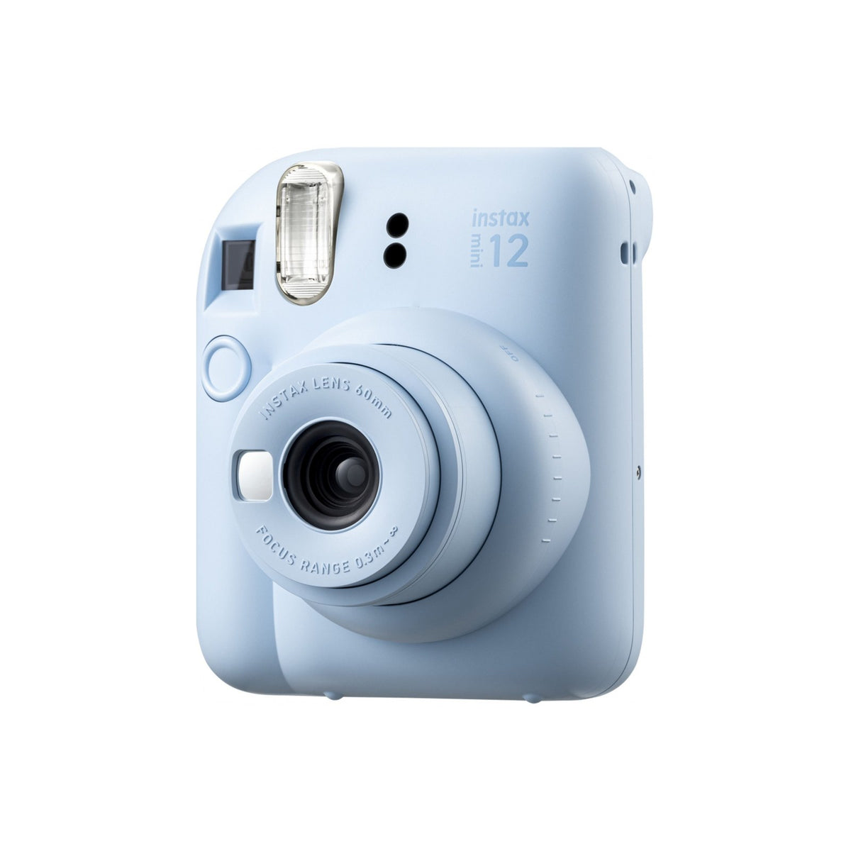 Fujifilm Instax Mini 12 Instant Film Camera — Fujifilm Instax Mini 12 instant camera, front three-quarter view showing the round lens barrel and selfie mirror