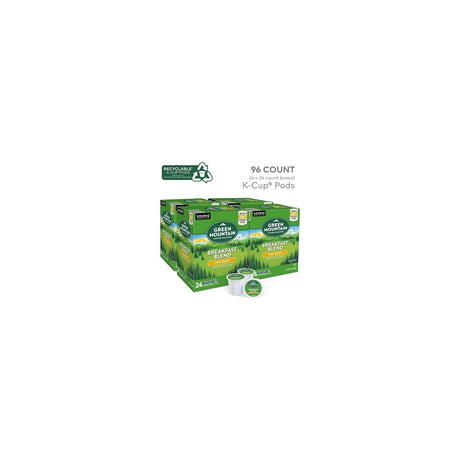 Green Mountain Coffee Roasters Breakfast Blend K-Cup Pods, Light Roast, 96 Count — Carton of Green Mountain Coffee Roasters Breakfast Blend K-Cup pods with several individual pods arranged in front of it