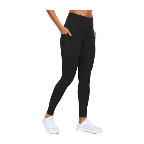Athletic Works Women's High Rise Performance Leggings with Side Pockets — Black high-waisted women's athletic leggings shown flat or on a model, side view showing the wide waistband and the thigh pocket