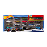 Hot Wheels 20-Car Pack, 1:64 Scale Die-Cast Toy Vehicles, Styles May Vary — A boxed 20-pack of Hot Wheels 1:64 die-cast cars, or twenty assorted Hot Wheels vehicles laid out in neat rows, shot top-down