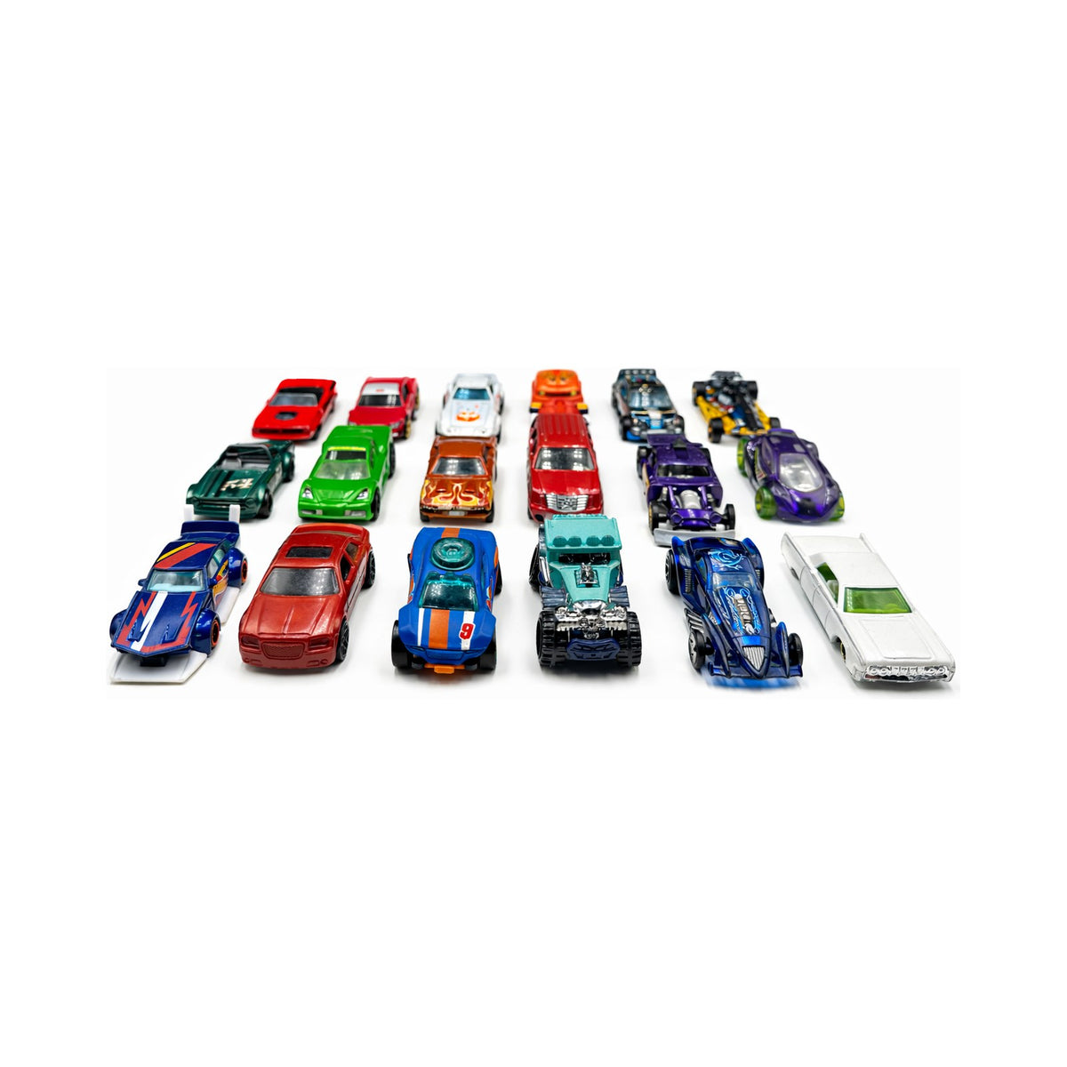 Hot Wheels 20-Car Pack, 1:64 Scale Die-Cast Toy Vehicles, Styles May Vary — A boxed 20-pack of Hot Wheels 1:64 die-cast cars, or twenty assorted Hot Wheels vehicles laid out in neat rows, shot top-down