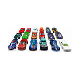 Hot Wheels 20-Car Pack, 1:64 Scale Die-Cast Toy Vehicles, Styles May Vary — A boxed 20-pack of Hot Wheels 1:64 die-cast cars, or twenty assorted Hot Wheels vehicles laid out in neat rows, shot top-down