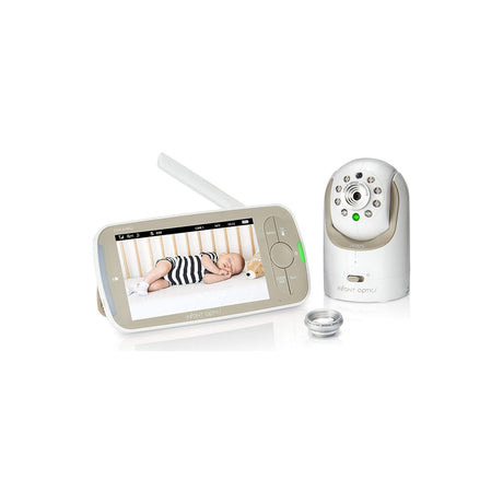 Infant Optics DXR-8 PRO Video Baby Monitor, 5-Inch 720p Screen, Non-WiFi — Infant Optics DXR-8 PRO handset with the 5-inch screen on, next to the white pan-and-tilt camera unit