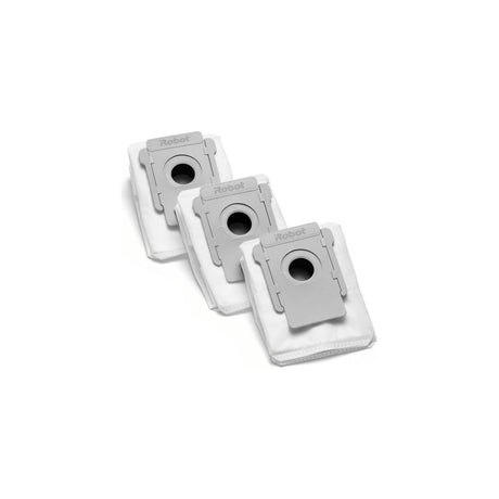 iRobot Clean Base Automatic Dirt Disposal Bags, 3 Pack, 4640235 — Three iRobot Clean Base dirt disposal bags with their blue cardboard collars, fanned out side by side on a plain background