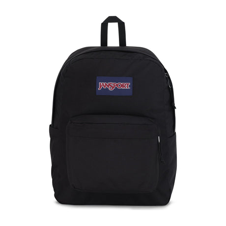 JanSport SuperBreak Plus Backpack, 26L, 15-Inch Laptop Sleeve — JanSport SuperBreak Plus backpack in black, three-quarter front view, showing the front utility pocket, side water bottle pocket and padded straps