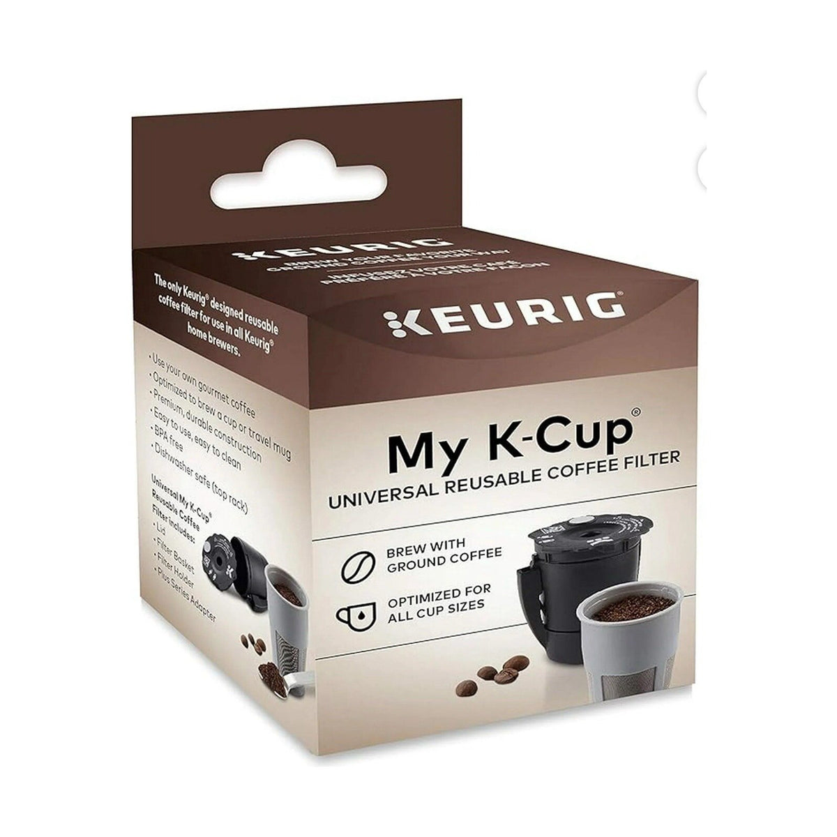 Keurig My K-Cup Universal Reusable Coffee Filter, MultiStream Technology — Keurig My K-Cup Universal reusable coffee filter, grey and black pod-shaped mesh basket with its lid, shown from the front