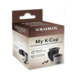 Keurig My K-Cup Universal Reusable Coffee Filter, MultiStream Technology — Keurig My K-Cup Universal reusable coffee filter, grey and black pod-shaped mesh basket with its lid, shown from the front