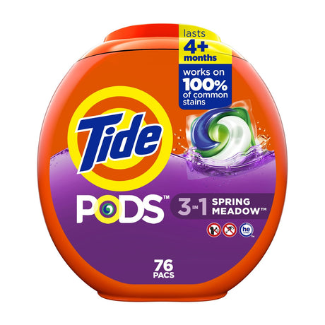 Tide PODS 3 in 1 Laundry Detergent Pacs, HE Compatible, 96 Ct — Tide PODS 96-count orange plastic tub with the bullseye logo, lid closed, front view on white