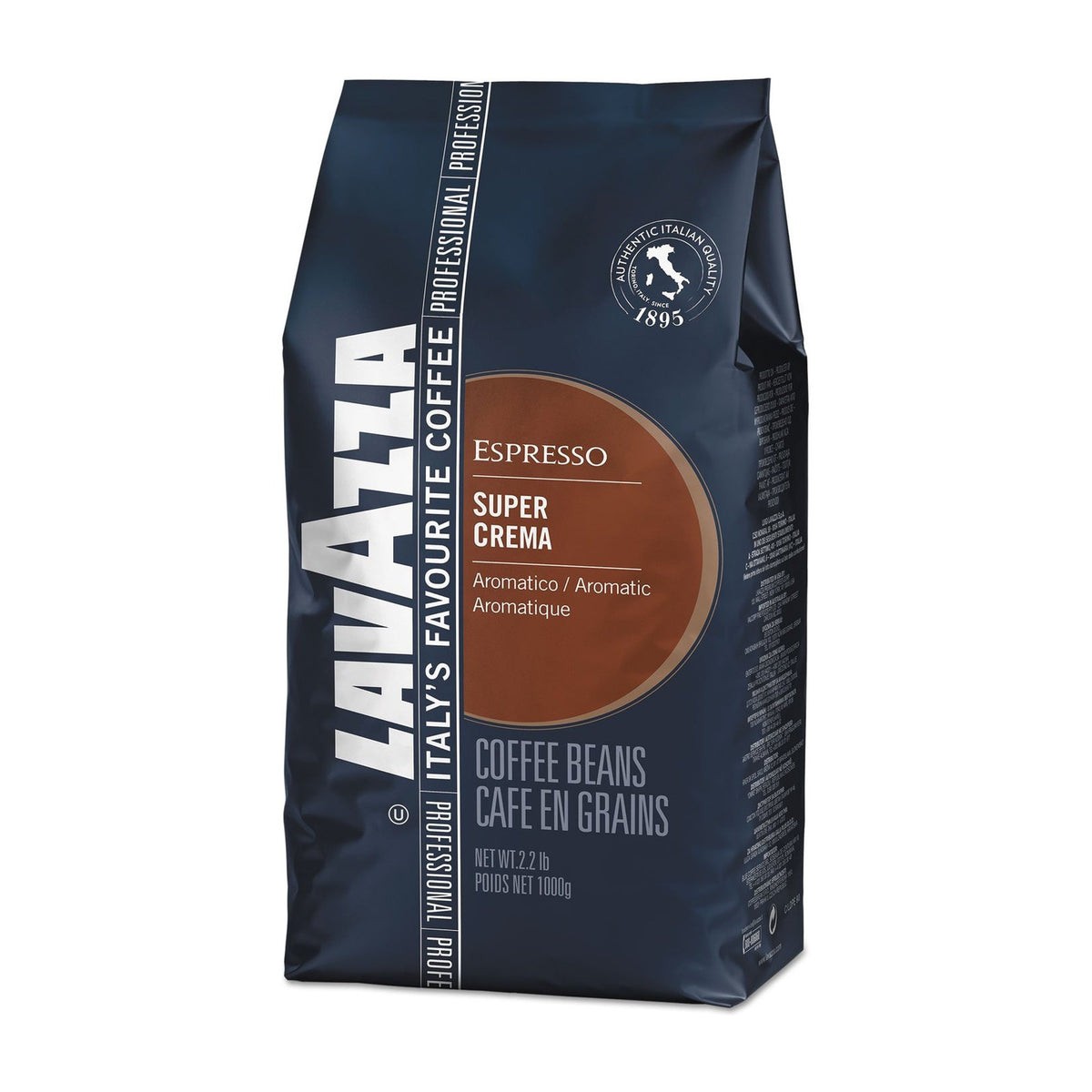 Lavazza Super Crema Whole Bean Espresso Coffee, Medium Roast, 2.2 lb Bag — Lavazza Super Crema 2.2 lb whole bean coffee bag standing upright with the front label facing forward, on a plain background