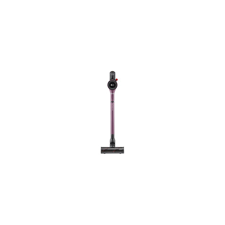LG CordZero A9 Kompressor Cordless Stick Vacuum with Dual Batteries, A927KVMS — LG CordZero A9 Kompressor cordless stick vacuum standing upright on its charging stand, full side view with the floor nozzle attached