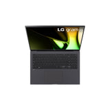 LG gram 16" Laptop, Intel Core Ultra 7 155H, 16GB LPDDR5X, 512GB SSD, Windows 11 — LG gram 16 laptop in black, open at an angle on a plain surface showing the keyboard with number pad and the 16-inch matte screen