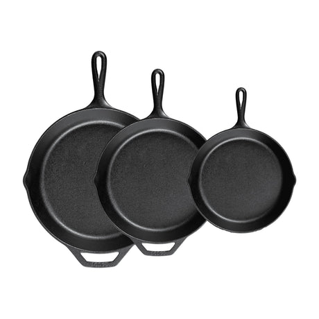 Lodge Pre-Seasoned Cast Iron Skillet Set, 3-Piece, 6.5", 8", 10.25" — Three black Lodge cast iron skillets in 6.5, 8 and 10.25 inch sizes shown together, handles fanned out