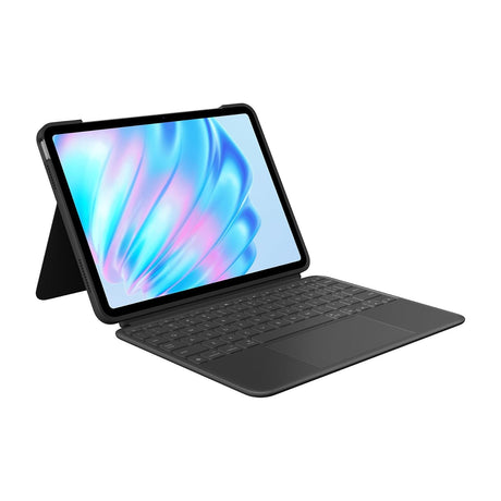 Logitech Combo Touch Keyboard Case for iPad Air 11-inch (M2 / M3) — Logitech Combo Touch keyboard case in Oxford Gray with an 11-inch iPad Air open on its kickstand, keyboard attached, three-quarter front view