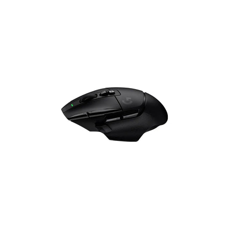 Logitech G G502 X Lightspeed Wireless Gaming Mouse, HERO 25K Sensor, Black — Logitech G G502 X Lightspeed wireless gaming mouse in black, right-side three-quarter view showing the thumb buttons and dual-mode scroll wheel, on a plain background