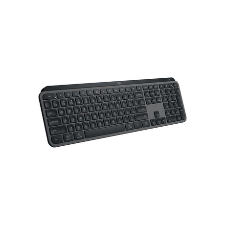 Logitech MX Keys S Wireless Backlit Keyboard, Full Size, Black — Logitech MX Keys S full-size wireless keyboard in black, top-down angled view showing the number pad and backlit keys, on a plain background