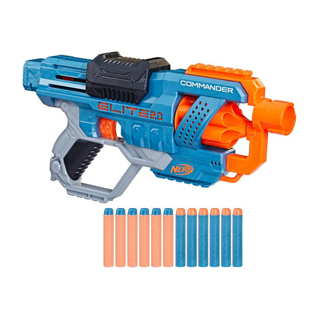 Nerf Elite 2.0 Commander RD-6 Dart Blaster with 12 Elite Darts — Nerf Elite 2.0 Commander RD-6 blaster in grey, orange and blue, side profile, with a few Elite foam darts beside it
