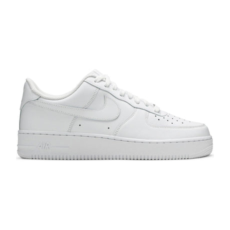 Nike Air Force 1 '07 Men's Leather Trainers, White — Nike Air Force 1 '07 in white leather, single shoe or pair, lateral side view showing the Swoosh and thick white cupsole