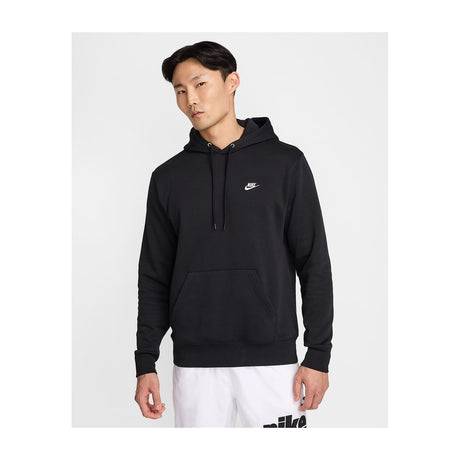 Nike Sportswear Club Fleece Men's Pullover Hoodie, Brushed-Back Fleece — Nike Sportswear Club Fleece pullover hoodie in black, front view flat lay, showing the hood drawcords, kangaroo pocket and chest Swoosh