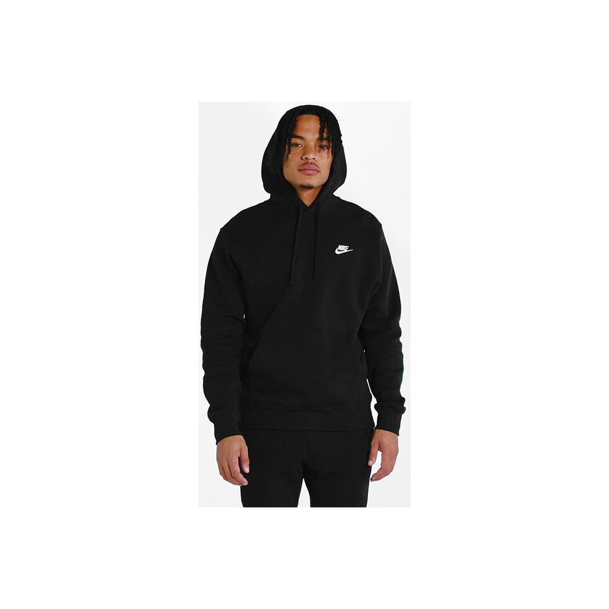 Nike Sportswear Club Fleece Men's Pullover Hoodie, Brushed-Back Fleece — Nike Sportswear Club Fleece pullover hoodie in black, front view flat lay, showing the hood drawcords, kangaroo pocket and chest Swoosh