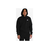 Nike Sportswear Club Fleece Men's Pullover Hoodie, Brushed-Back Fleece — Nike Sportswear Club Fleece pullover hoodie in black, front view flat lay, showing the hood drawcords, kangaroo pocket and chest Swoosh