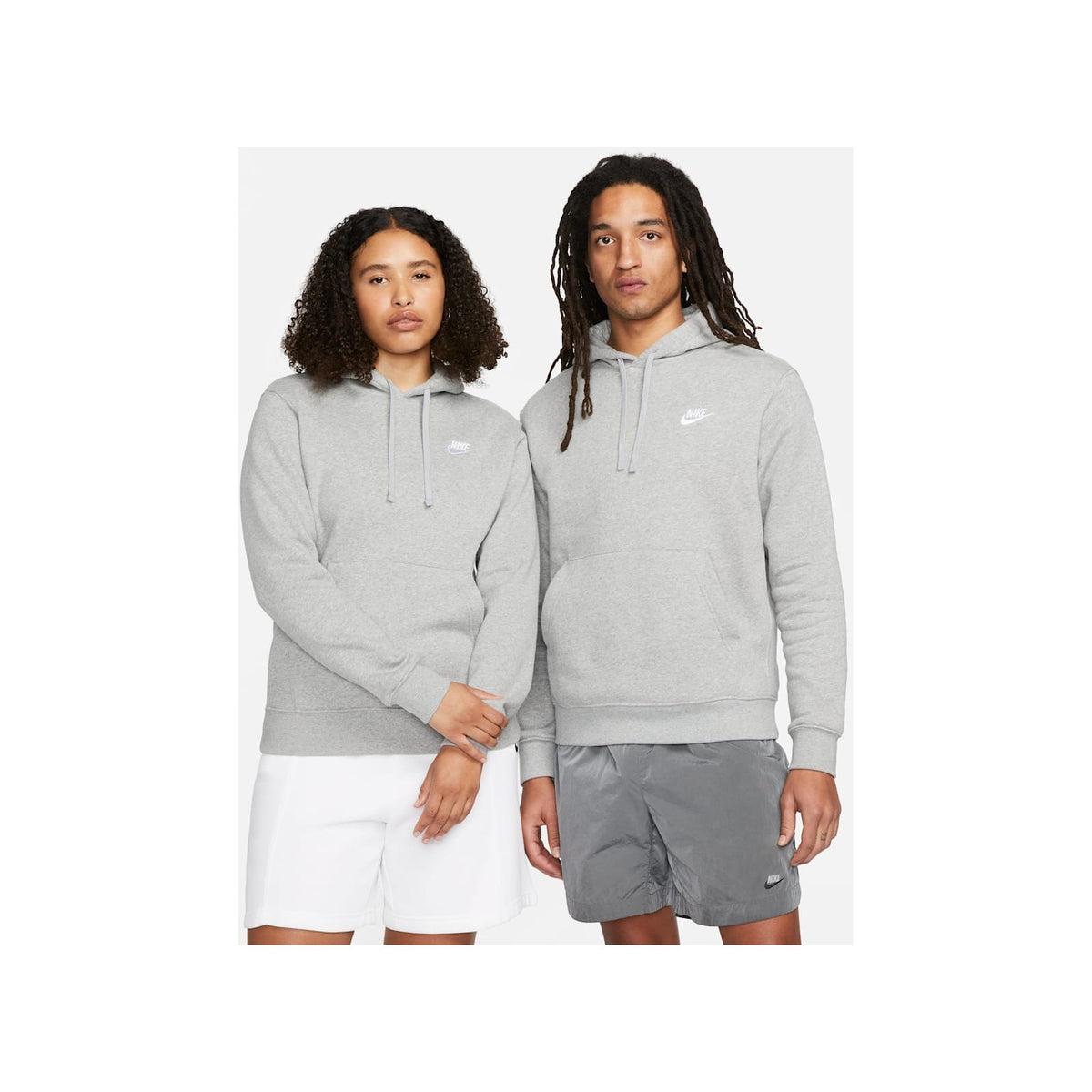 Nike Sportswear Club Fleece Men's Pullover Hoodie, Brushed-Back Fleece — Nike Sportswear Club Fleece pullover hoodie in black, front view flat lay, showing the hood drawcords, kangaroo pocket and chest Swoosh