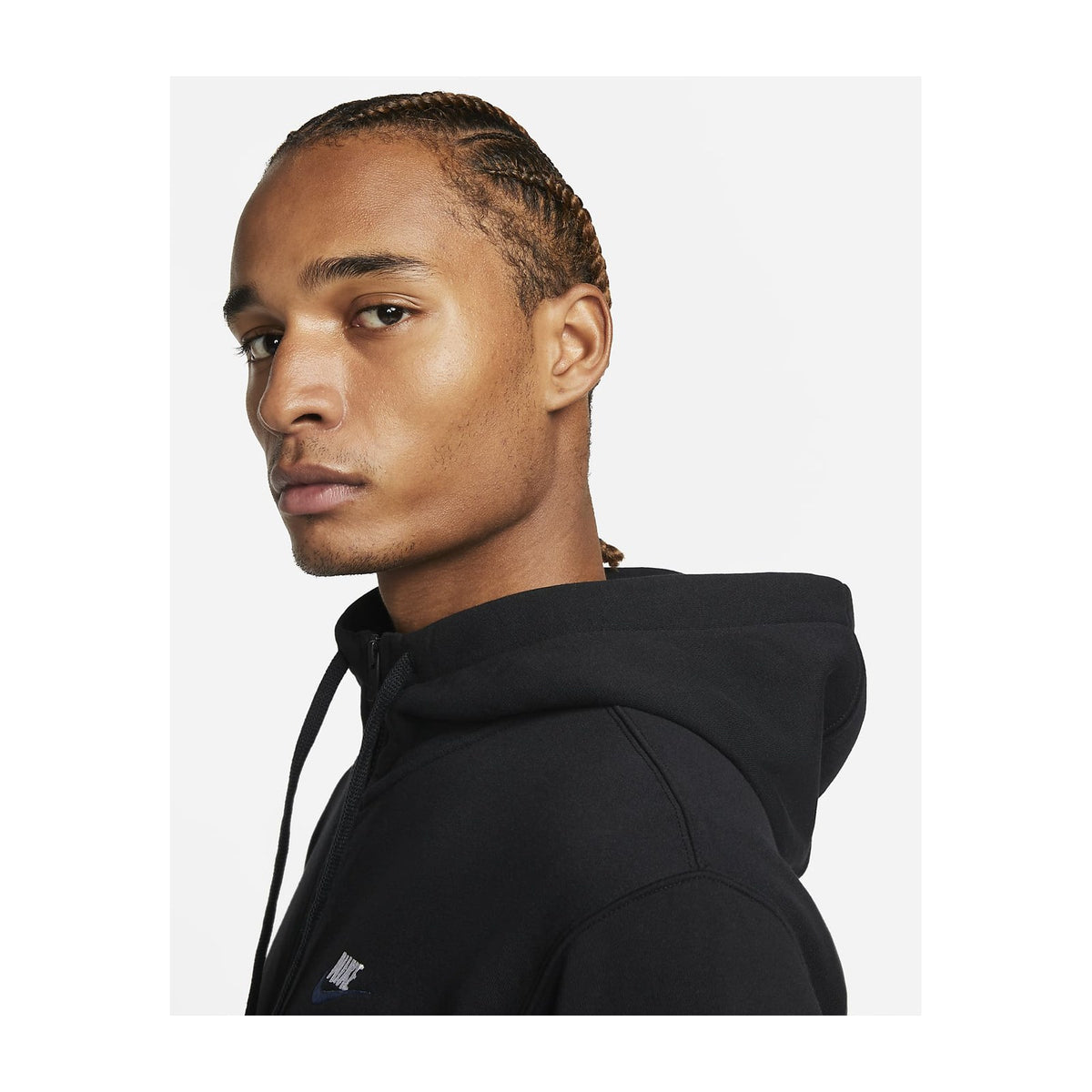 Nike Sportswear Club Fleece Men's Pullover Hoodie, Brushed-Back Fleece — Nike Sportswear Club Fleece pullover hoodie in black, front view flat lay, showing the hood drawcords, kangaroo pocket and chest Swoosh