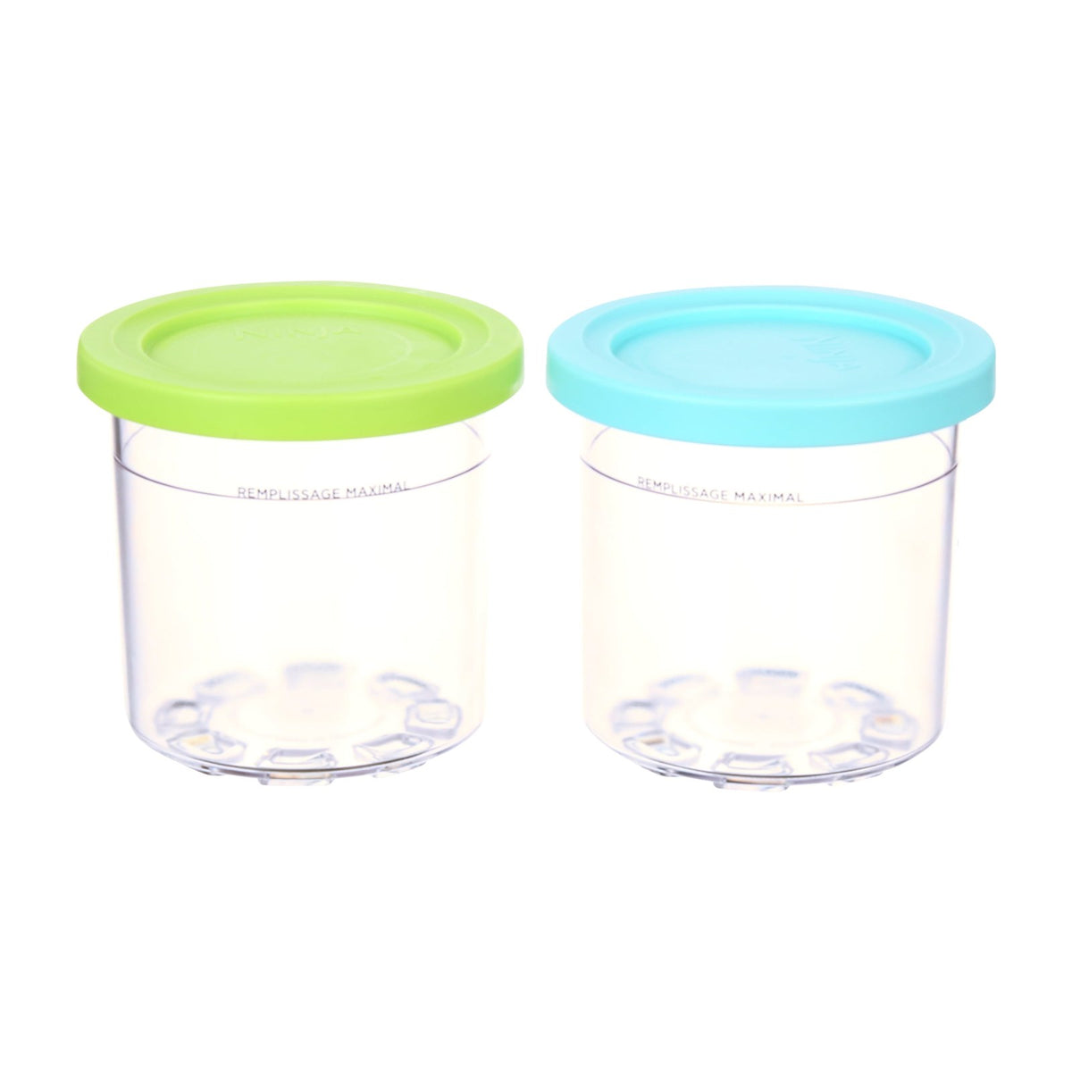 Ninja CREAMi Pints & Storage Lids, 2 Pack, XSKPLID2CD — Two clear Ninja CREAMi pint containers with lime and aqua lids standing side by side on a plain background