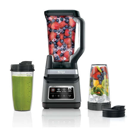 Ninja Professional Plus Blender DUO with Auto-iQ, 1400 Peak Watts, 72 oz Pitcher — Ninja Professional Plus Blender DUO motor base with the 72 oz pitcher fitted and the two to-go cups beside it, front view