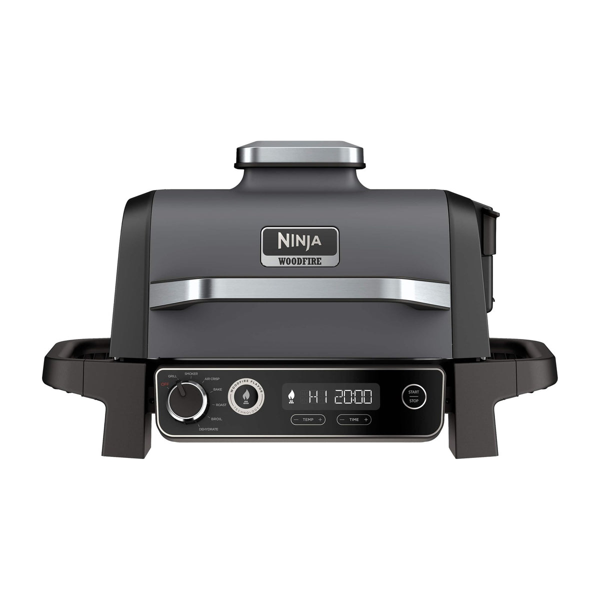 Ninja Woodfire 7-in-1 Outdoor Grill & Smoker, Electric, OG701 — Ninja Woodfire OG701 outdoor electric grill in grey with the lid open showing the grill grate, front three-quarter view
