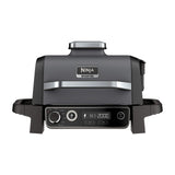 Ninja Woodfire 7-in-1 Outdoor Grill & Smoker, Electric, OG701 — Ninja Woodfire OG701 outdoor electric grill in grey with the lid open showing the grill grate, front three-quarter view