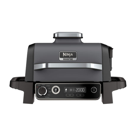 Ninja Woodfire 7-in-1 Outdoor Grill & Smoker, Electric, OG701 — Ninja Woodfire OG701 outdoor electric grill in grey with the lid open showing the grill grate, front three-quarter view