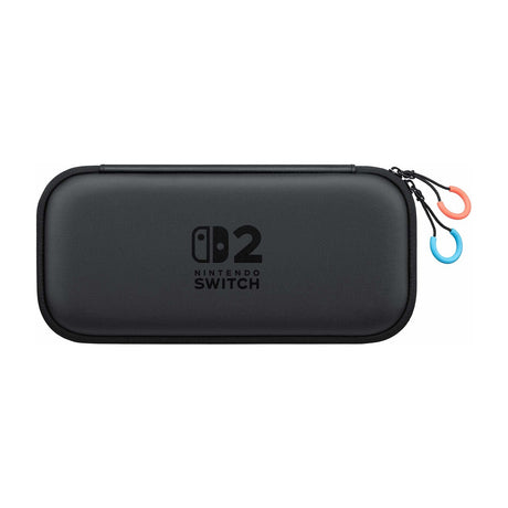 Nintendo Switch 2 Carrying Case & Screen Protector, Official Case with Six Game Card Slots — Official black Nintendo Switch 2 carrying case shown closed at a three-quarter angle, with the boxed screen protector beside it, plain white background