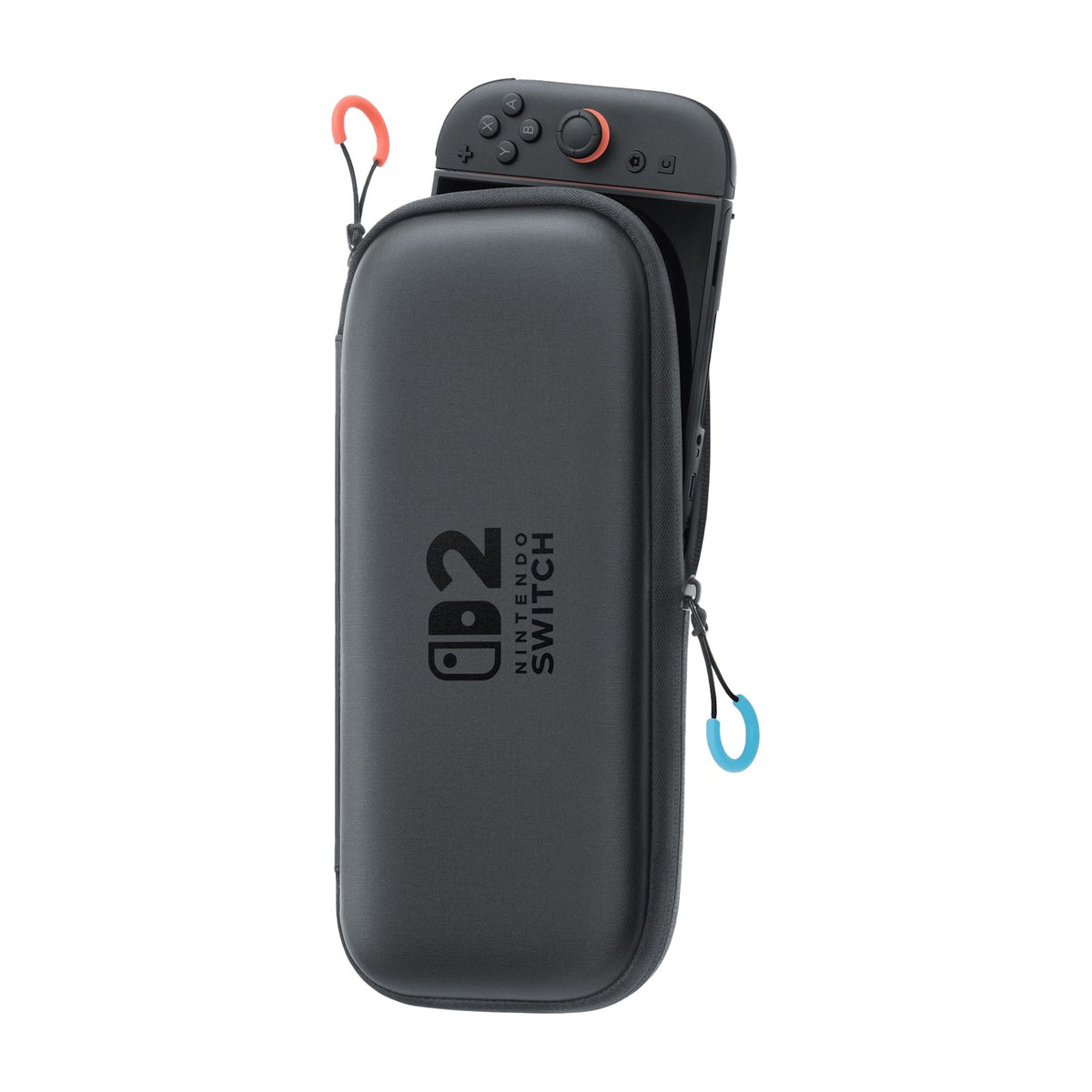 Nintendo Switch 2 Carrying Case & Screen Protector, Official Case with Six Game Card Slots — Official black Nintendo Switch 2 carrying case shown closed at a three-quarter angle, with the boxed screen protector beside it, plain white background