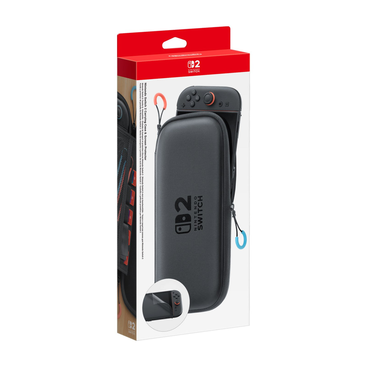 Nintendo Switch 2 Carrying Case & Screen Protector, Official Case with Six Game Card Slots — Official black Nintendo Switch 2 carrying case shown closed at a three-quarter angle, with the boxed screen protector beside it, plain white background