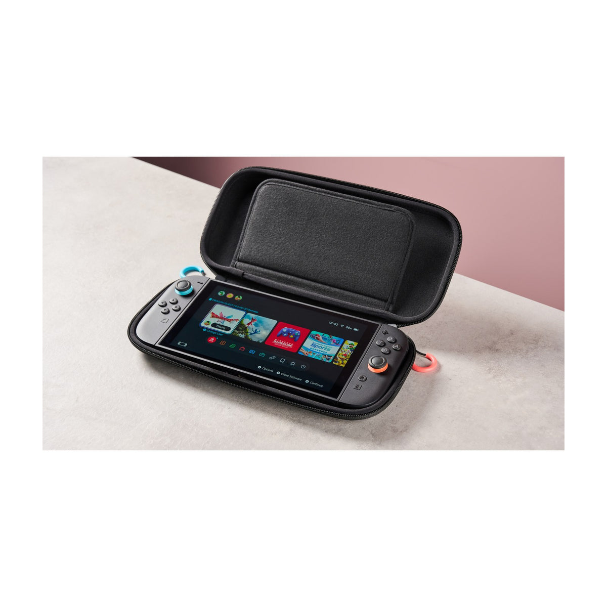 Nintendo Switch 2 Carrying Case & Screen Protector, Official Case with Six Game Card Slots — Official black Nintendo Switch 2 carrying case shown closed at a three-quarter angle, with the boxed screen protector beside it, plain white background