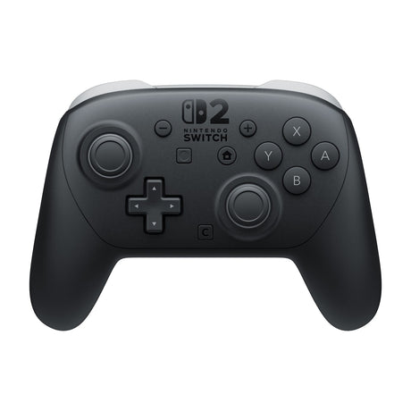 Nintendo Switch 2 Pro Controller, Wireless Controller with C Button, GL/GR Back Buttons and HD Rumble 2 — Nintendo Switch 2 Pro Controller, dark grey full-size gamepad with white accents, front view on a plain white background