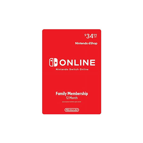 Nintendo Switch Online Family Membership, 12 Months, Covers Up to 8 Nintendo Accounts — Nintendo Switch Online Family Membership 12-month prepaid card, front of the retail card standing upright on a plain white background