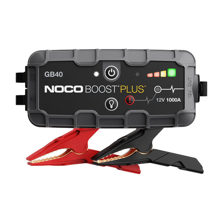 NOCO Boost Plus GB40 1000A 12V Lithium Jump Starter — NOCO Boost Plus GB40 orange and black lithium jump starter with its battery clamps coiled beside it, three-quarter view