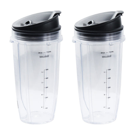Nutri Ninja 24 oz Tritan Cups with Sip & Seal Lids, 2 Pack, XSK2424 — Two Nutri Ninja 24 oz clear Tritan single-serve blender cups with black Sip and Seal spout lids fitted, standing side by side on a plain background