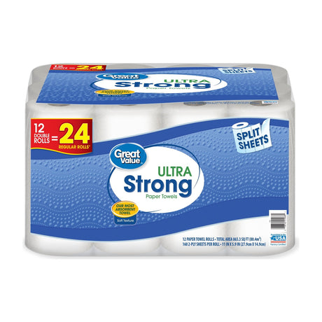 Great Value Paper Towels, 2-Ply Triple Rolls, 12 Count — A plastic-wrapped bulk pack of twelve white paper towel rolls, front of the package facing camera