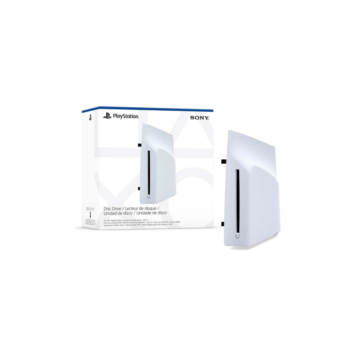 Sony PlayStation 5 Disc Drive for PS5 Digital Edition and PS5 Pro — The white Sony PlayStation 5 Disc Drive accessory shown on its own at a three-quarter angle, with the disc slot visible